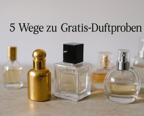 Elegante Parfumflakons auf hellem Hintergrund – fotorealistische Darstellung für Artikel über Gratis-Duftproben und kostenlose Parfumproben.