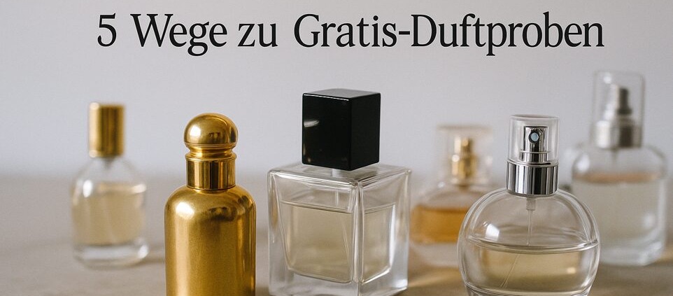Elegante Parfumflakons auf hellem Hintergrund – fotorealistische Darstellung für Artikel über Gratis-Duftproben und kostenlose Parfumproben.